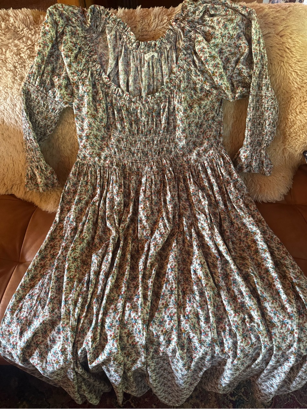 Doen Floral Puff Sleeve Smocked Waist Maxi Dress - Green Multi